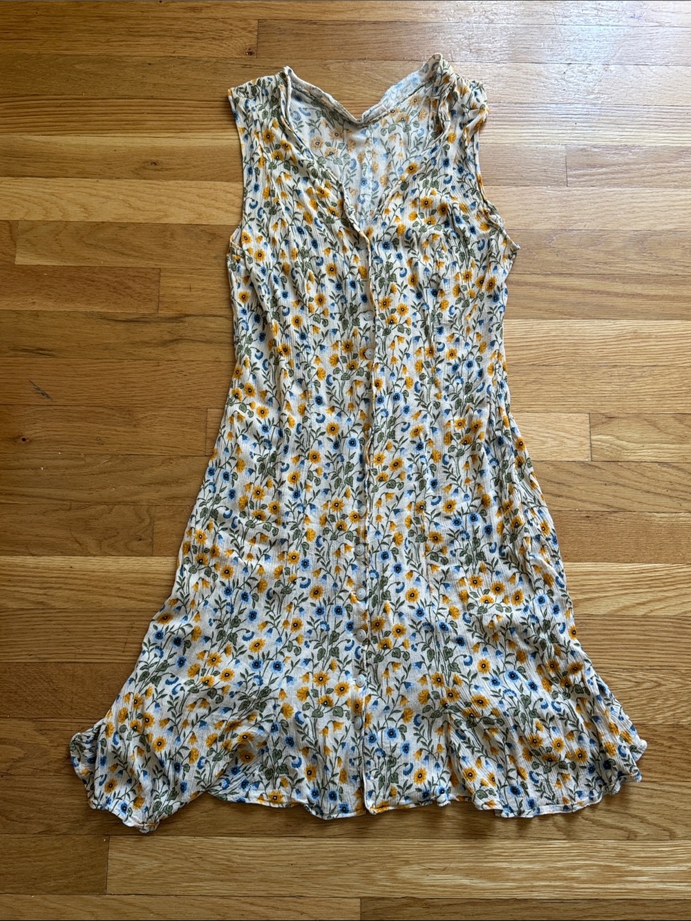 Sleeveless Floral Midi Dress in White with Yellow & Blue Print Handmade